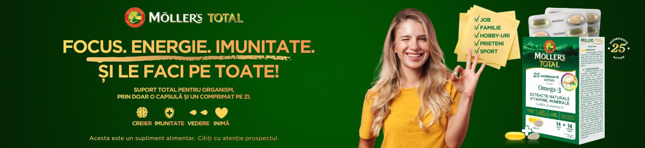 Möller's susține performanța prin Möller's TOTAL Triada GINSENG, OMEGA-3 și D3 asigură focus, energie, imunitate, să  le faci pe toate! Suport total pentru organism prin 25 ingrediente active