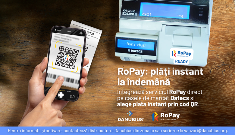 Premieră în retail: Danubius integrează RoPay direct în casele de marcat Datecs - modelele MX și gama BlueCash -, oferind comercianților acces la plata prin cod QR