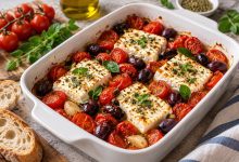 Feta la cuptor... cu roșii cherry și măsline